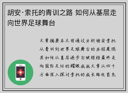 胡安·索托的青训之路 如何从基层走向世界足球舞台